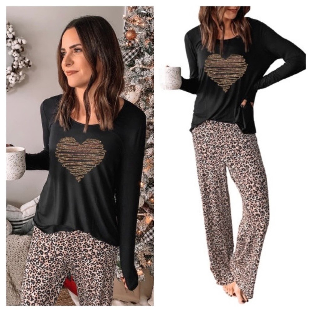 Heart Shaped Print Long Sleeve Top and Leopard Print Pants Lounge Set